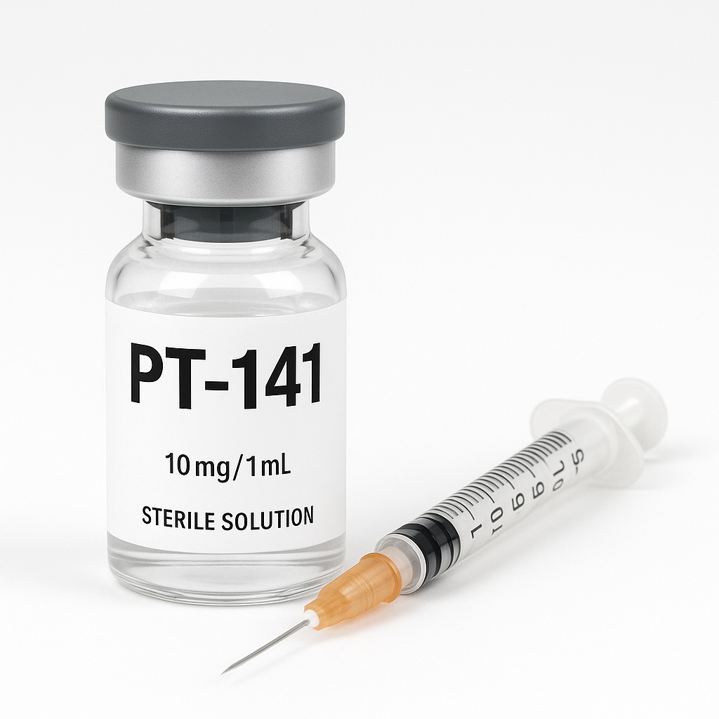 Image of PT-141 10mg/1mL vial with syringe, used for therapy for enhanced libido.