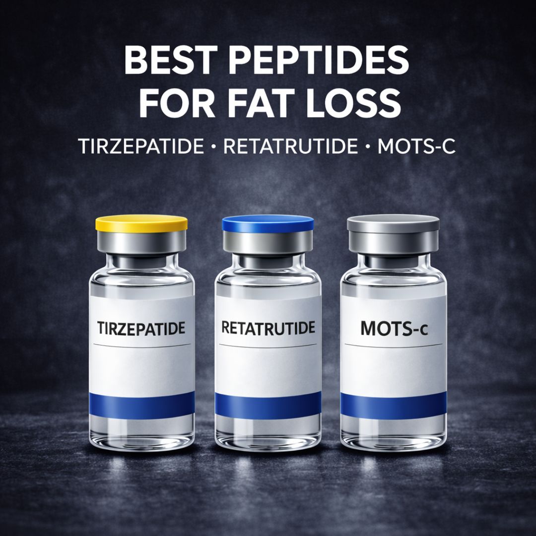 Best peptides for fat loss featuring Tirzepatide Retatrutide and MOTS-C vials